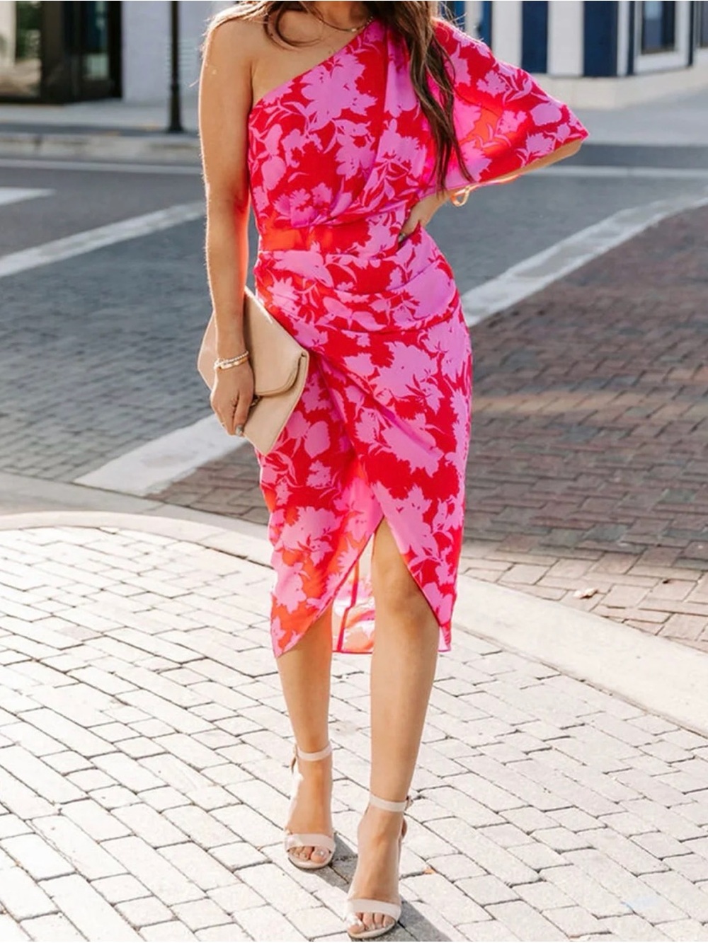 DO+BE One-Shoulder Fuchsia & Magenta Floral Dress